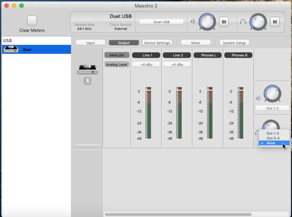 How do I use the low latency mixer in Maestro 2 with Apogee USB interfaces?